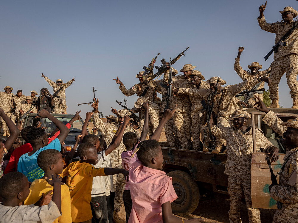 Youths cheer members of the Sudanese military during a demonstration in Omdurman, outside Khartoum, on April 24, 2024. (Ivor Prickett/The New York Times) Youths cheer members of the Sudanese military during a demonstration in Omdurman, outside Khartoum, on April 24, 2024. (Ivor Prickett/The New York Times)