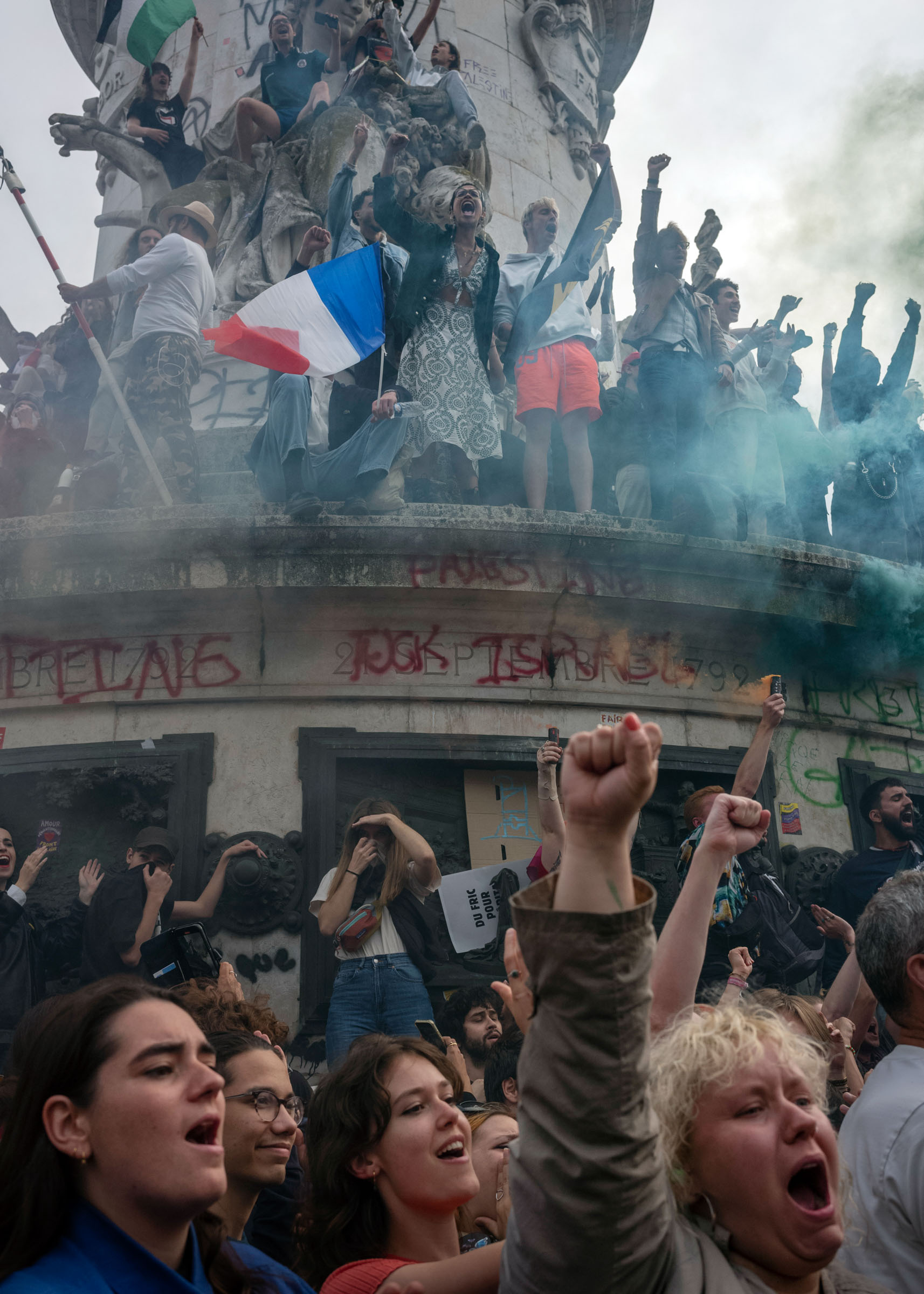 People rally against the Far right at Place de la République (Republic’s square) in central Paris a few days before the second round of the french parliamentary elections. The demonstration, initiated by independent medias, unions and other civil society organizations, was held on Place de la République, in reaction to the resounding score of the Rassemblement National ("National Rally") which arrived first at the first round of the parliamentary elections (around 34% of the vote).